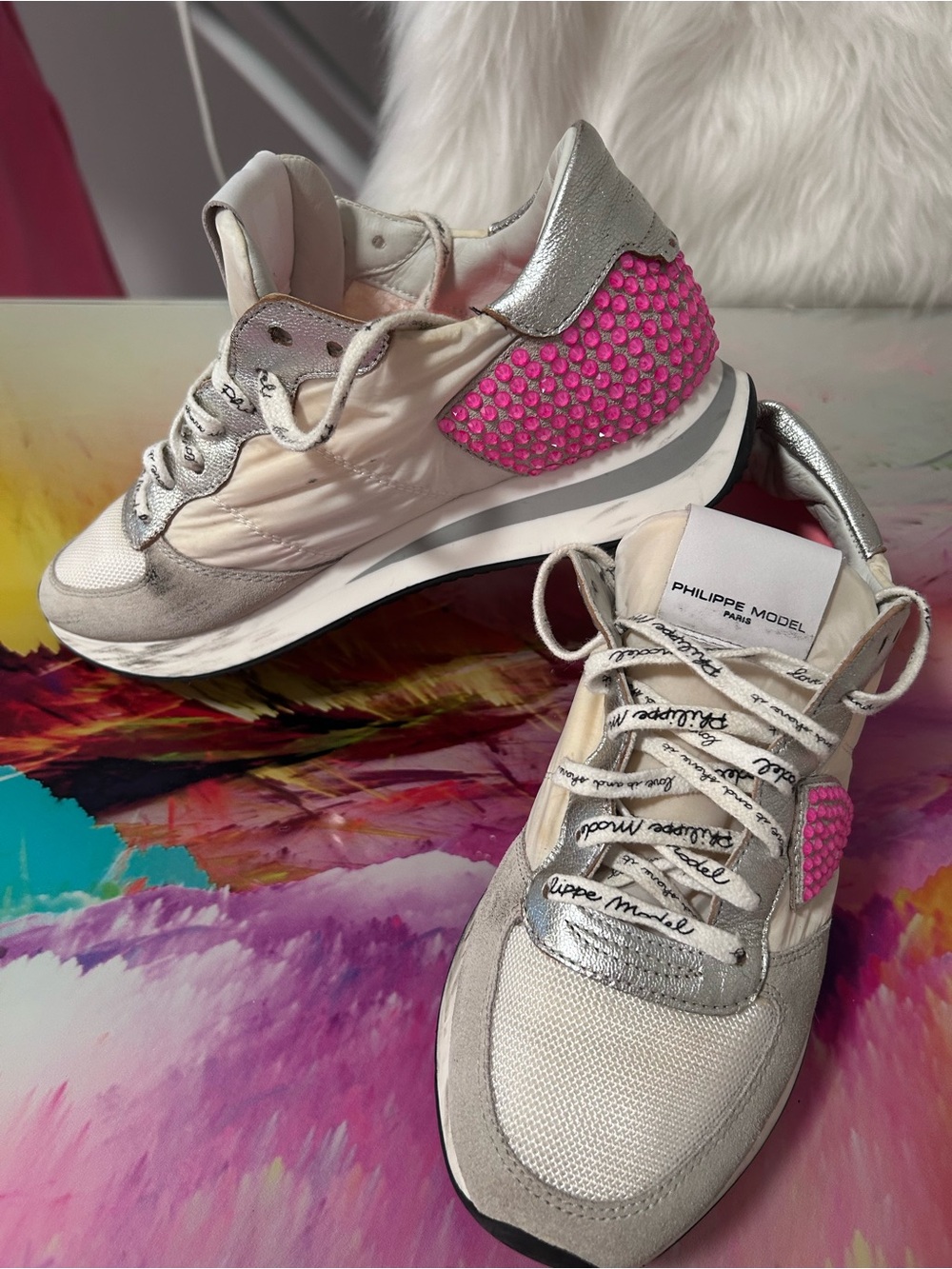 Philippe Model Cream Sneakers with Silver Trim and Hot Pink Crystal Panels